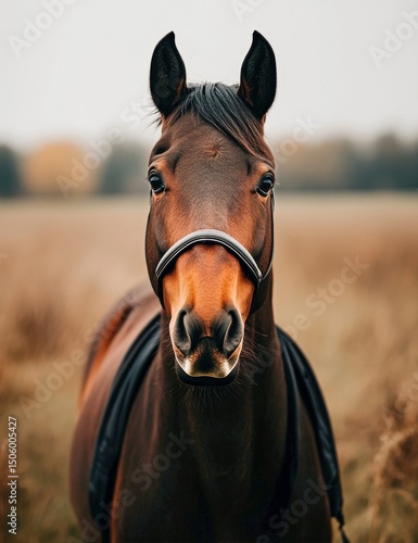 Brown Horse Standing in a Grassy Field During Early Morning Light With Soft B...