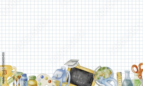 Colorful school supplies pattern featuring watercolor art elements on a grid background