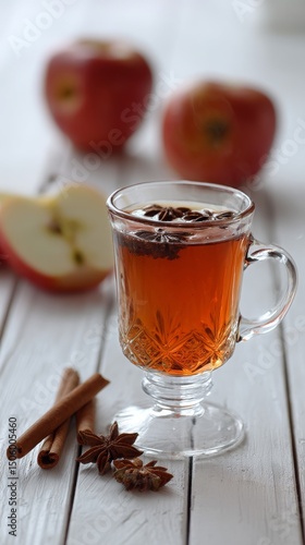 Appley Spiced Tea With Cinnamon Sticks and Fresh Apples on a Rustic Wooden Table