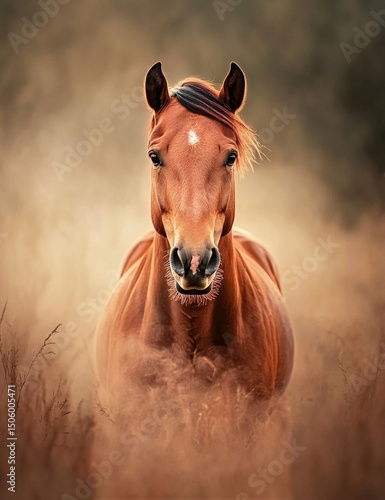 Brown Horse Standing Proudly in a Field During Early Morning Mist