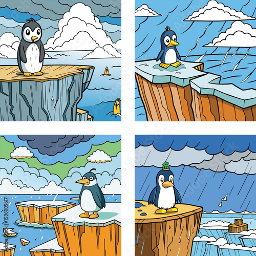 Cartoon Penguin Illustrations On Icebergs And Cliffs With Rainy And Cloudy Weather Scenarios