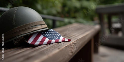 American flag and soldier’s helmet in a symbolic setup. Concept honoring those who served.