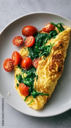 Delicious Spinach and Tomato Omelet Served on a White Plate for Breakfast