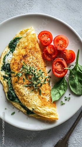 Delicious Spinach and Tomato Omelet Served on a White Plate for Breakfast.