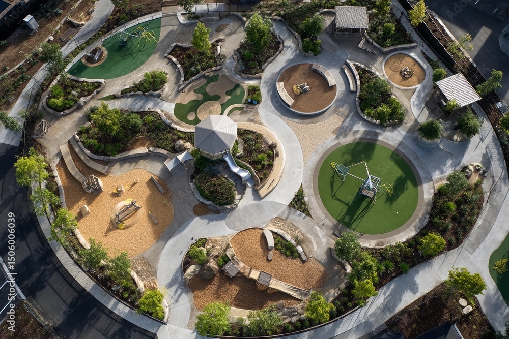 Exploring a modern playground with unique structures and natural landscaping Exploring a modern playground with unique structures and natural landscaping