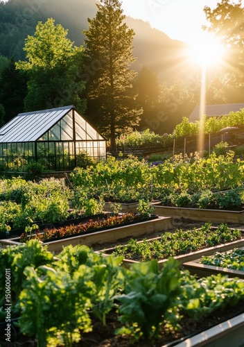 Bright Sunlight Illuminates a Thriving Garden With Greenhouse at Sunset in a ...