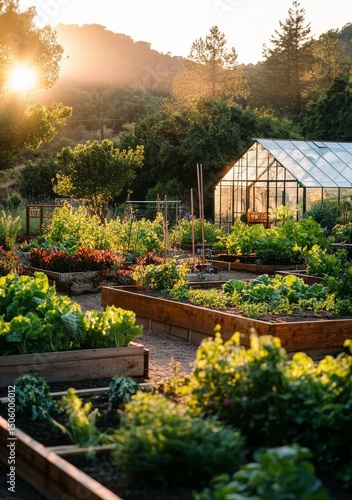 Greenhouse in a Lush Garden at Sunset With Vibrant Plants and Raised Beds.