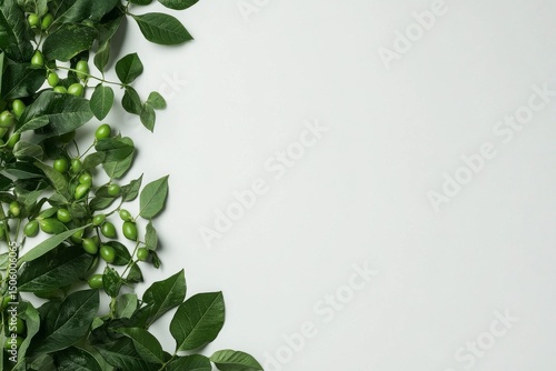 Green Leaves and Unripe Fruit Arranged Creatively on a Light Surface