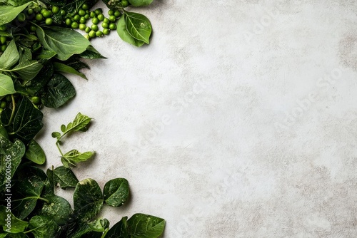 Fresh Green Leaves and Peas Arranged Artistically on a Light Surface.