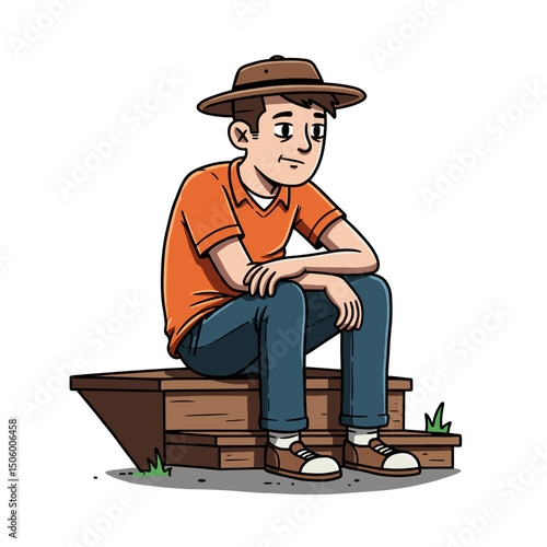 A thoughtful young man sitting on wooden steps, wearing a hat and looking contemplative