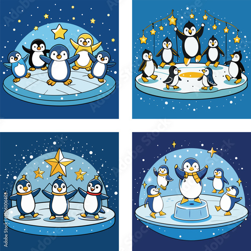 Cartoon Penguins Celebrating On Ice Floe Vector Illustration For Kids Content