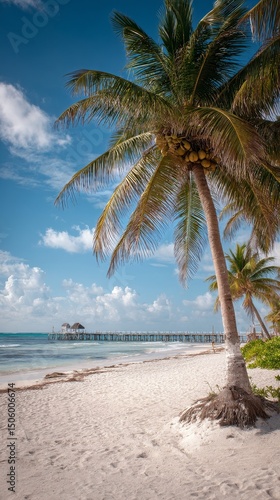 Sunny Beach View With Palm Trees and a Wooden Pier in the Distance on a Clear...