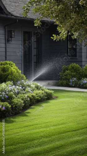 Lawn Watering System in Action During Bright Sunny Day.