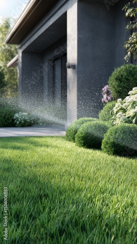 Elegant Garden With Lush Green Grass and Fine Landscaping in Bright Sunlight