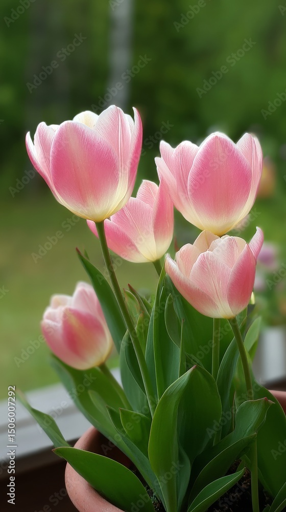 Pink Tulips Blooming in a Garden on a Sunny Spring Day Pink Tulips Blooming in a Garden on a Sunny Spring Day