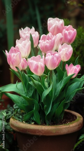 Beautiful Pink Tulips in a Terracotta Pot Displayed in a Garden Setting