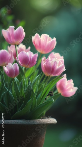 Beautiful Pink Tulips in a Terracotta Pot Displayed in a Garden Setting.