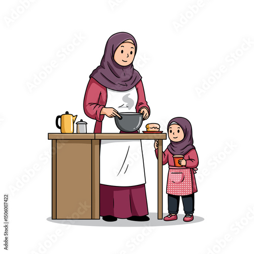A mother and daughter cooking together in the kitchen, wearing traditional clothing and enjoying the moment