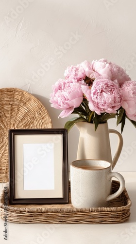 Beautifully Arranged Coffee and Peonies on a Textured Tray With Empty Frame i...