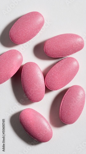 Bright Pink Tablets Arranged on a Smooth White Surface for Health and Wellnes...