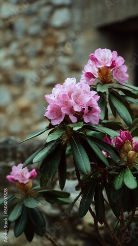 Beautiful Pink Rhododendron Blossoms Near Stone Wall in a Peaceful Garden Set...