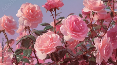 Soft Pink Roses Bloom Against a Pastel Sky During Springtime in a Vibrant Garden
