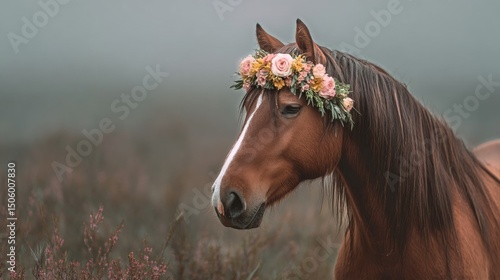 Beautiful Brown Horse Adorned With Floral Crown Enjoys Serene Moment in Misty...
