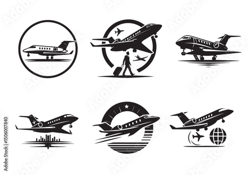 Private Jet Silhouette Vector, Private Jet Icon Set