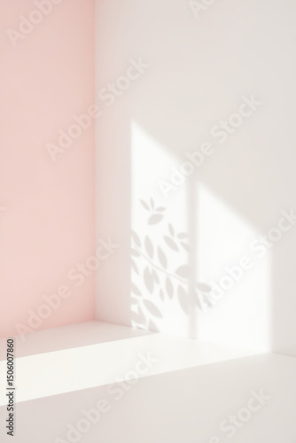 Minimalistic light background with blurred foliage shadow on pink wall