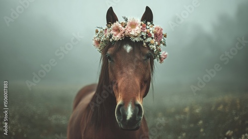 Beautiful Brown Horse Adorned With Floral Crown Enjoys Serene Moment in Misty...