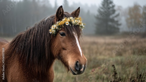 Horse With a Floral Crown in a Misty Meadow at Dawn With Soft Lighting