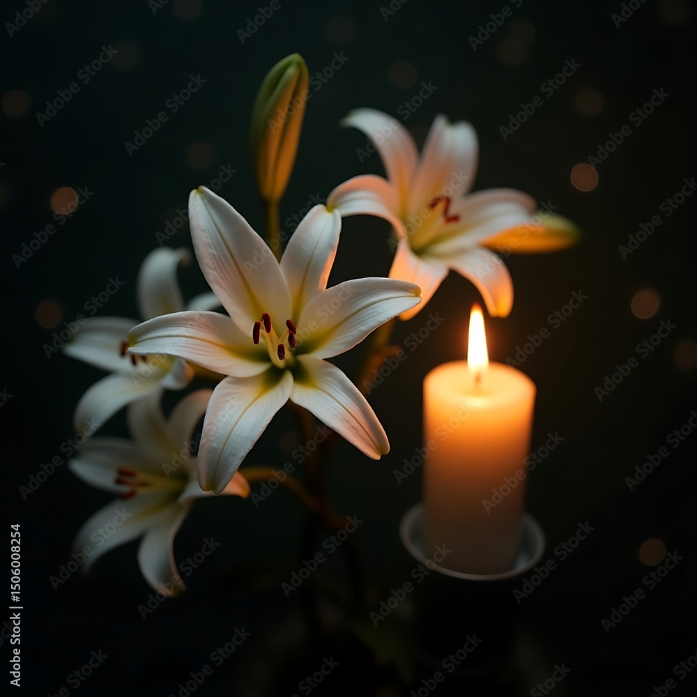 Fototapeta premium Elegant white lilies and glowing candle