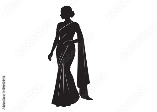beautiful saree logo silhouette vector, fashion woman silhouette design vector, beautiful saree silhouette, beautiful animated girl with black saree silhouette logo on a white background