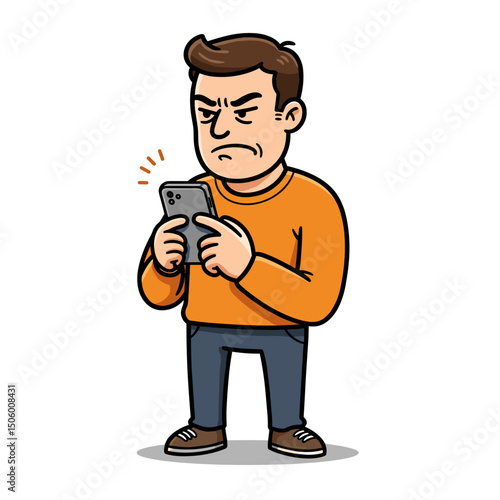 A frustrated man looking at his smartphone with an annoyed expression while standing upright
