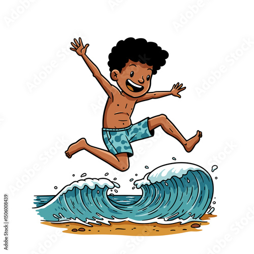 A joyful boy jumping over ocean waves at the beach with excitement and happiness