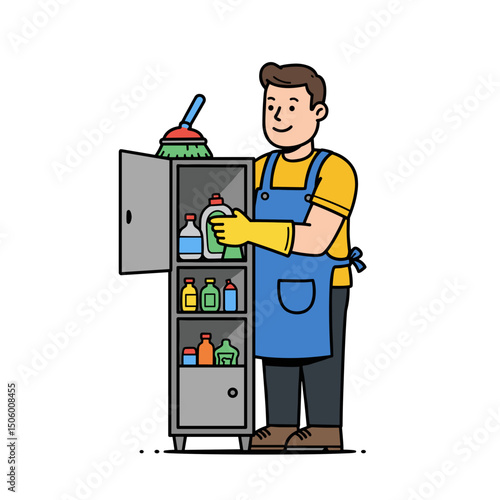 A cheerful man organizing cleaning supplies in a cabinet while wearing gloves and an apron