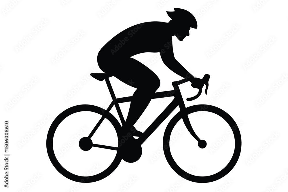 Obraz premium a cyclist riding a bicycle, athletic muscular male figure in silhouette, minimalist black and white vector illustration, dynamic cycling pose, speed motion blur, high contrast graphic design 