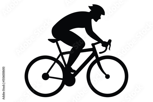 a cyclist riding a bicycle, athletic muscular male figure in silhouette, minimalist black and white vector illustration, dynamic cycling pose, speed motion blur, high contrast graphic design
