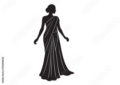 beautiful saree logo silhouette vector, fashion woman silhouette design vector, beautiful saree silhouette, beautiful animated girl with black saree silhouette logo on a white background