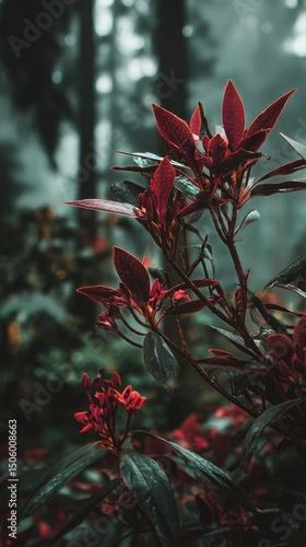 Lush Foliage With Vibrant Red Leaves in a Misty Forest at Dawn.