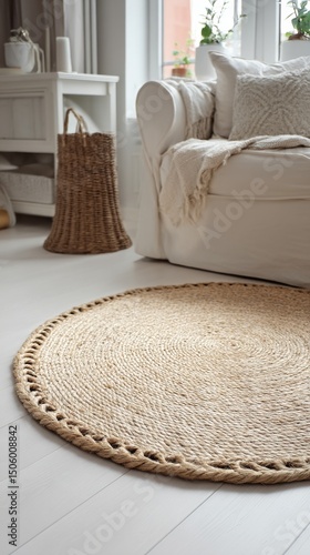 Cozy Living Room With a Round Jute Rug and a Comfortable Sofa in Soft, Neutra...