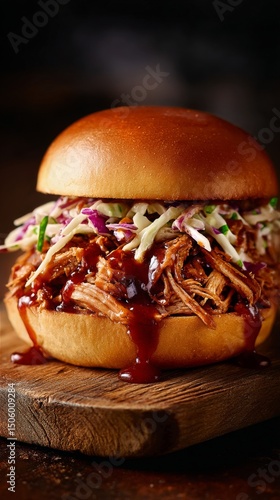 Delicious Pulled Pork Sandwich Loaded With Coleslaw and Barbecue Sauce on a W...