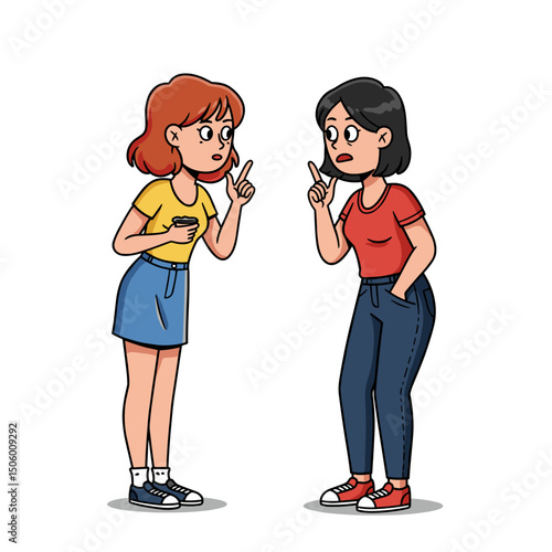 Two girls arguing with intense expressions, standing in a casual setting