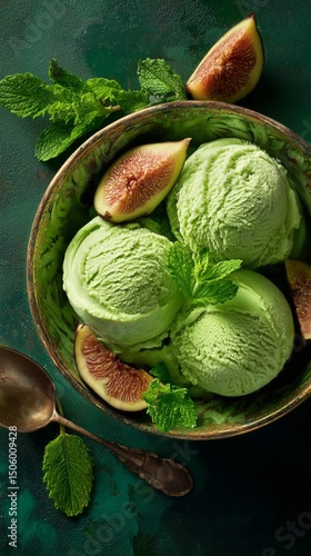 Delightful Green Mint Ice Cream Served With Fresh Figs in a Decorative Bowl