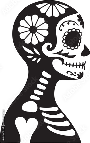 Elegant Black and White Sugar Skull Profile Illustration