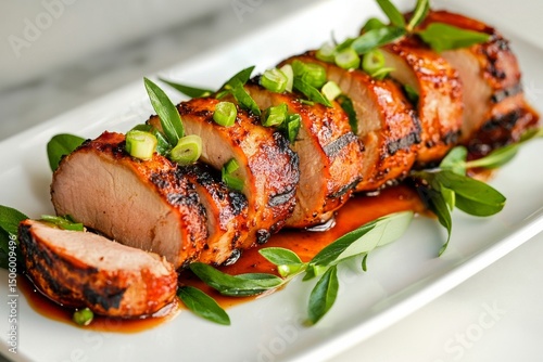 Deliciously Cooked Sliced Meat Garnished With Herbs and Spring Onions on a Wh...