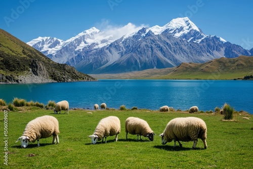 Sheep Grazing in a Lush Green Field by a Tranquil Lake and Majestic Mountains...
