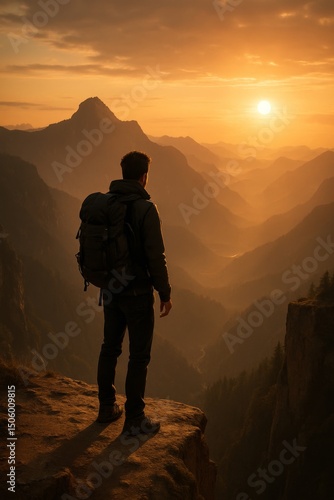 Man standing on mountain cliff at sunrise, enjoying panoramic view of misty hills and golden morning light.

