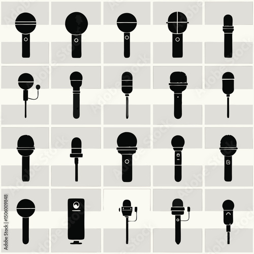 Collection of Microphone Icons in Black Silhouette Style Isolated on a Light Background for Audio Music and Communication