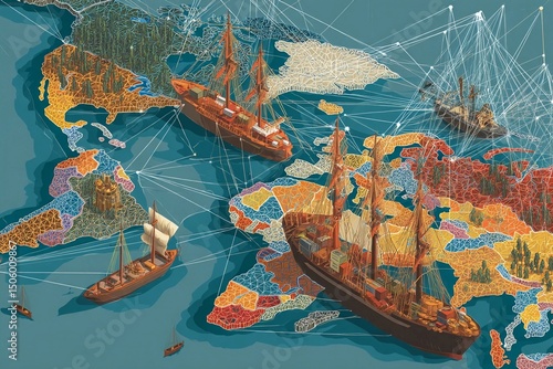 Historic maritime exploration and trade routes across the world